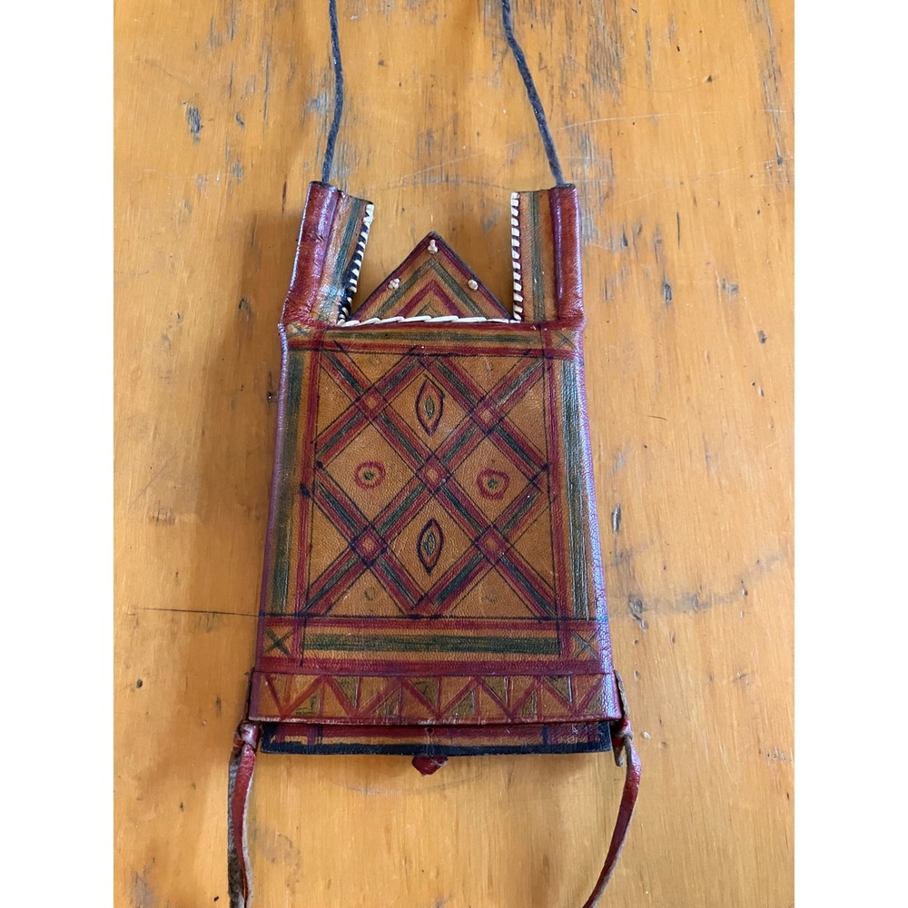 Tuareg Amulet Bag Small Tan Hand Painted Leather Tribal Pouch